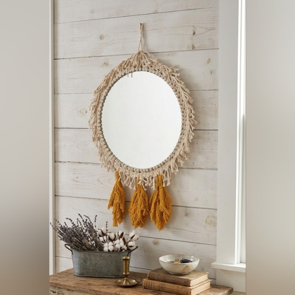 Handmade Macramé Round Wall Mirror - Cream - Picture 3 of 6